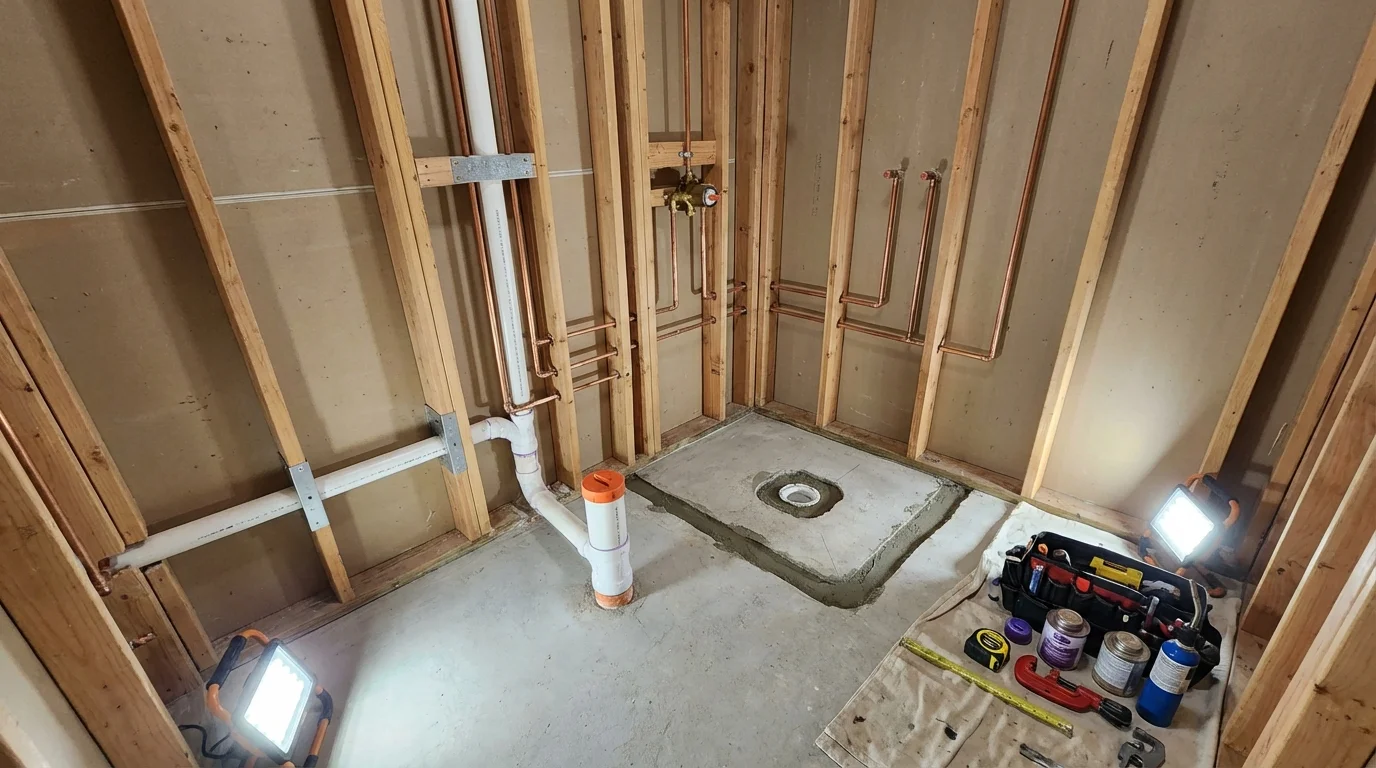 Bathroom rough-in plumbing during remodel by Johns Plumbing LLC in Iron River