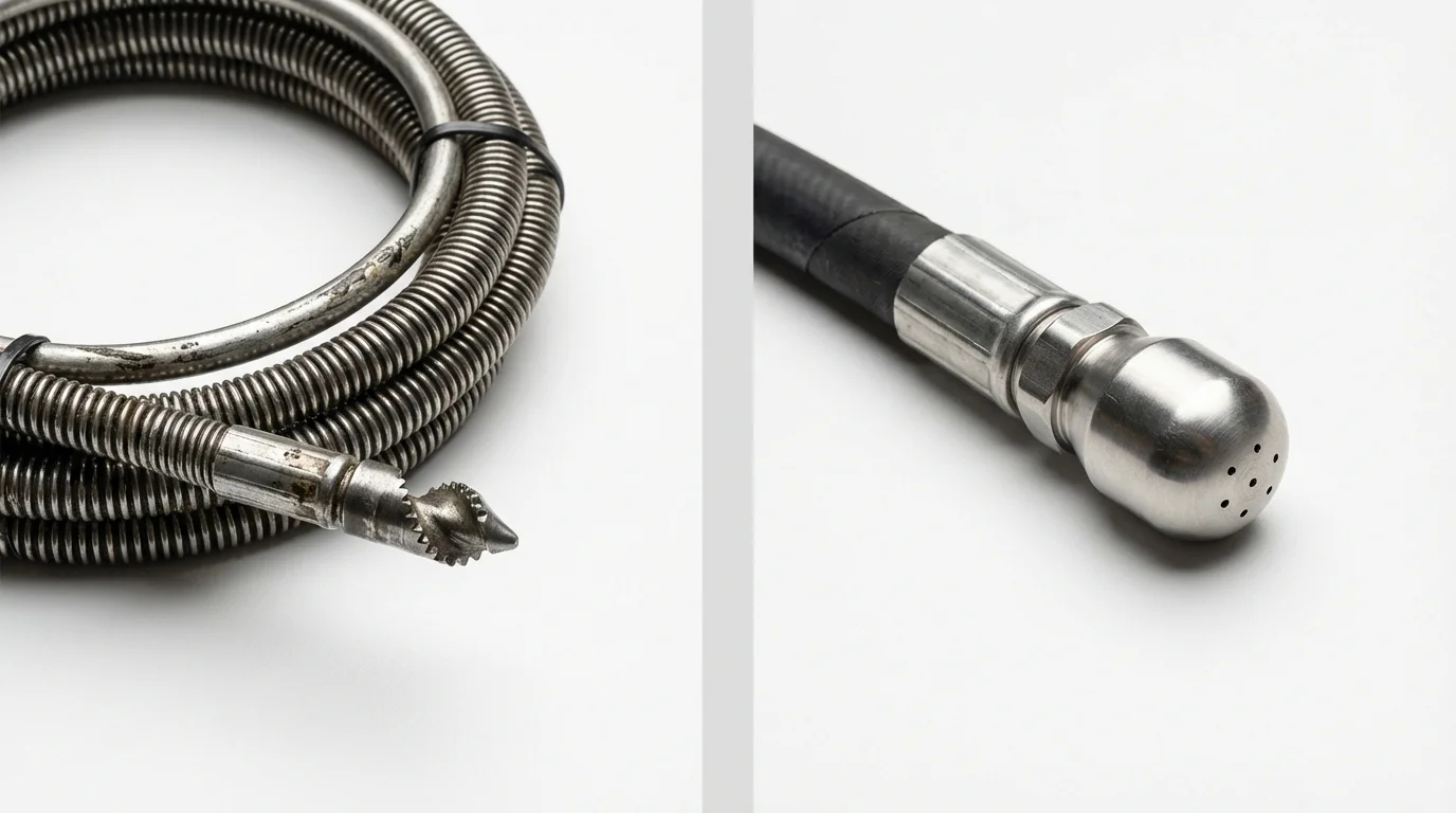 Drain snake cable and hydro jetting nozzle used for drain cleaning in Iron River, MI