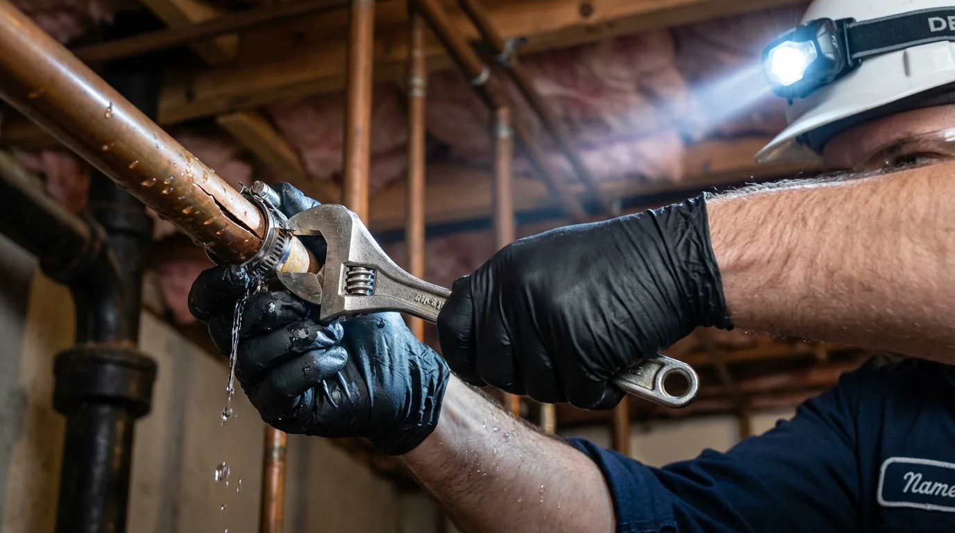 Emergency pipe clamp repair being performed by a Johns Plumbing LLC plumber in Iron River