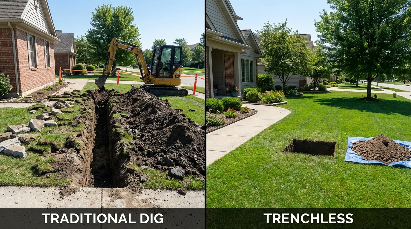 Trenchless sewer repair with minimal yard damage versus traditional excavation in Iron River, MI