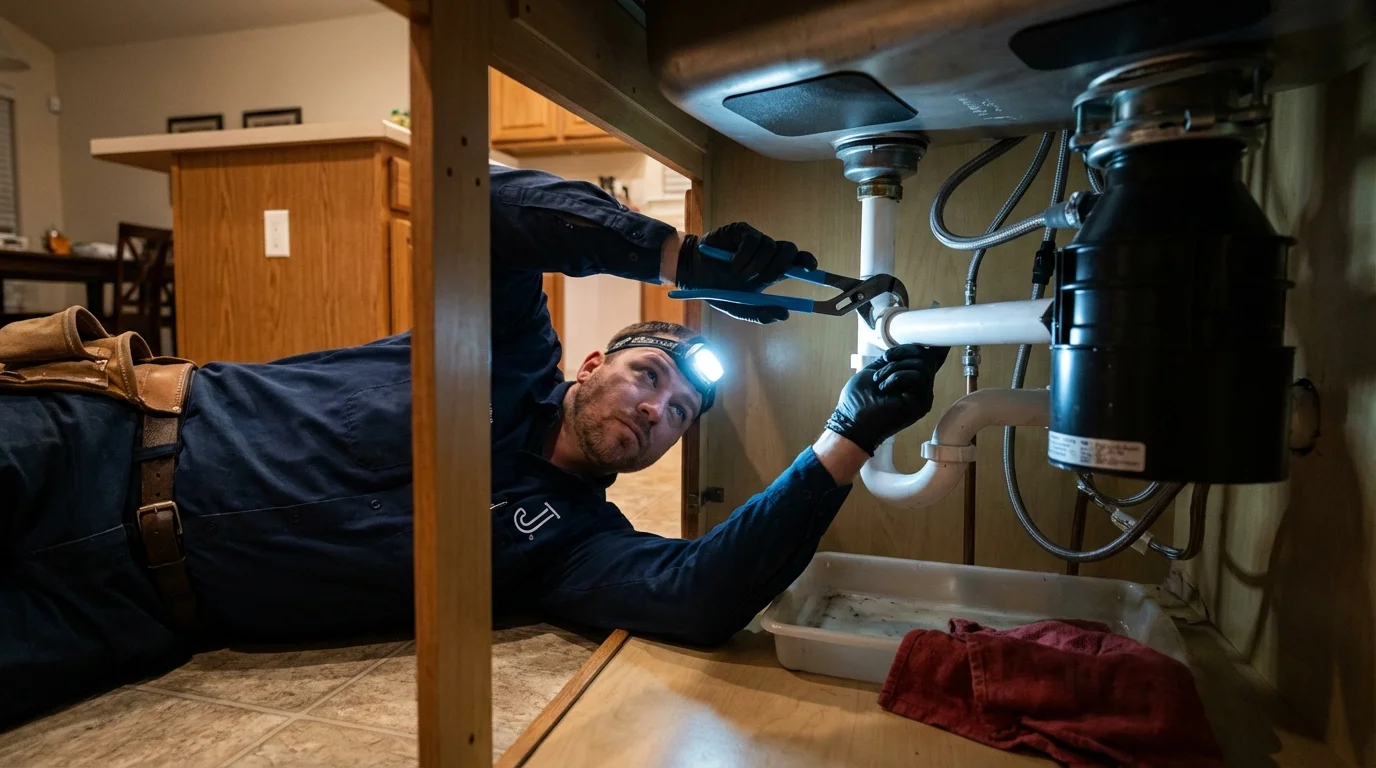 P-trap and supply line connections under a kitchen sink showing a common leak point in Iron River, MI